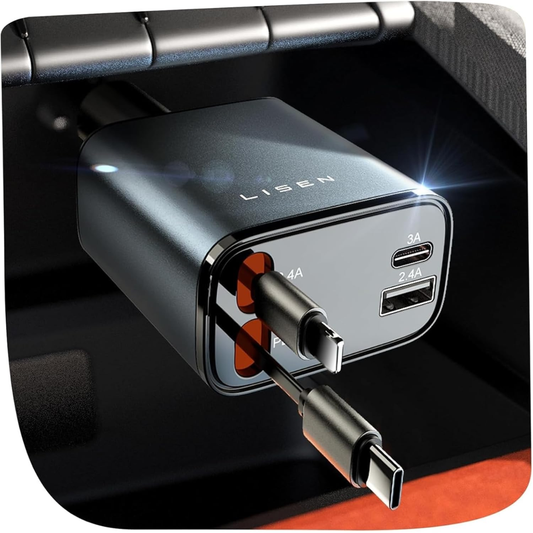 LISEN 84W Retractable Car Charger, USB-C Fast Charging Adapter for iPhone & Samsung, Car Cigarette Lighter Plug Gadget & Gift for Men & Women