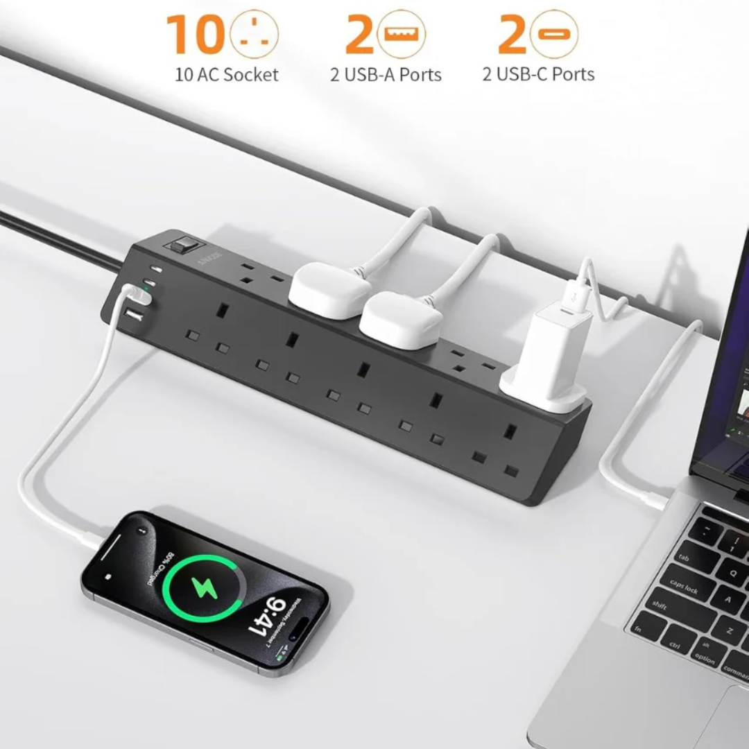 10 Way Extension Lead with USB Slots(2 USB C), ANVODE 14-IN-1 Plug Extension Socket with Switch