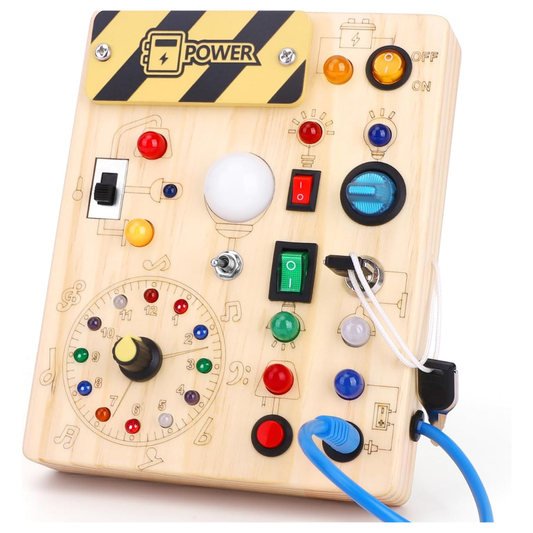Montessori Busy Board for Toddlers – Wooden Activity Sensory Toy with 10 Switches & 23 LED Lights (Ages 1–4)
