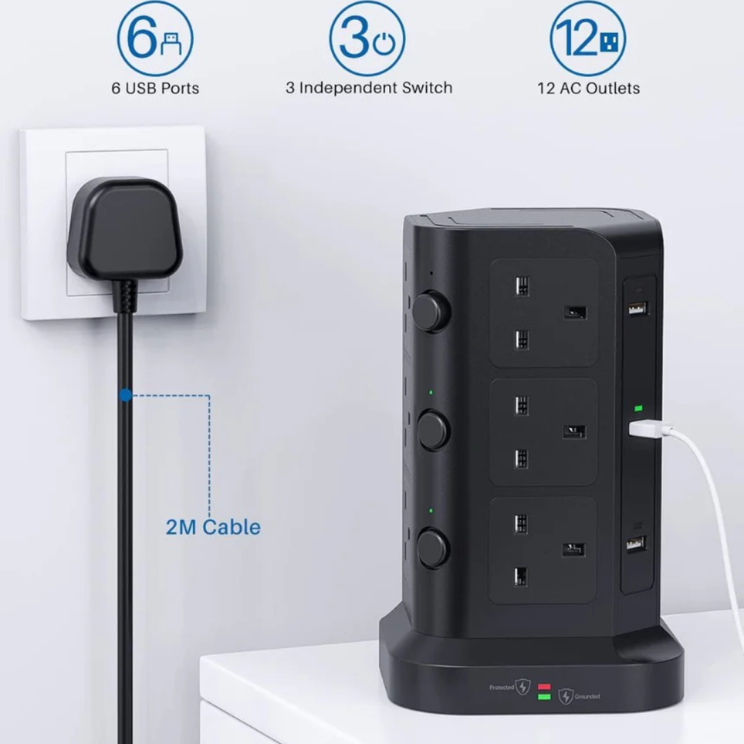 Tower Extension Lead by KOOSLA, [13A 3250W] Surge Protector - 12 AC Outlets & 6 USB Ports Multi Plug Socket Power Strip with Heavy