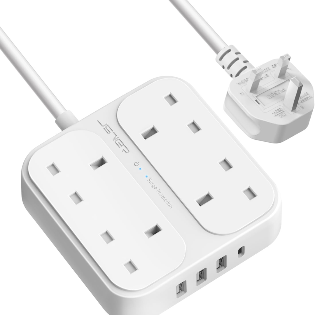 JSVER Extension Lead with USB  4 Way Surge Protector Power Strip with USB-C & 3 USB Ports