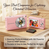 44MP Kids Digital Camera 1080P – Compact Vlogging Camera with 16X Zoom & 2.4" Screen (Pink)