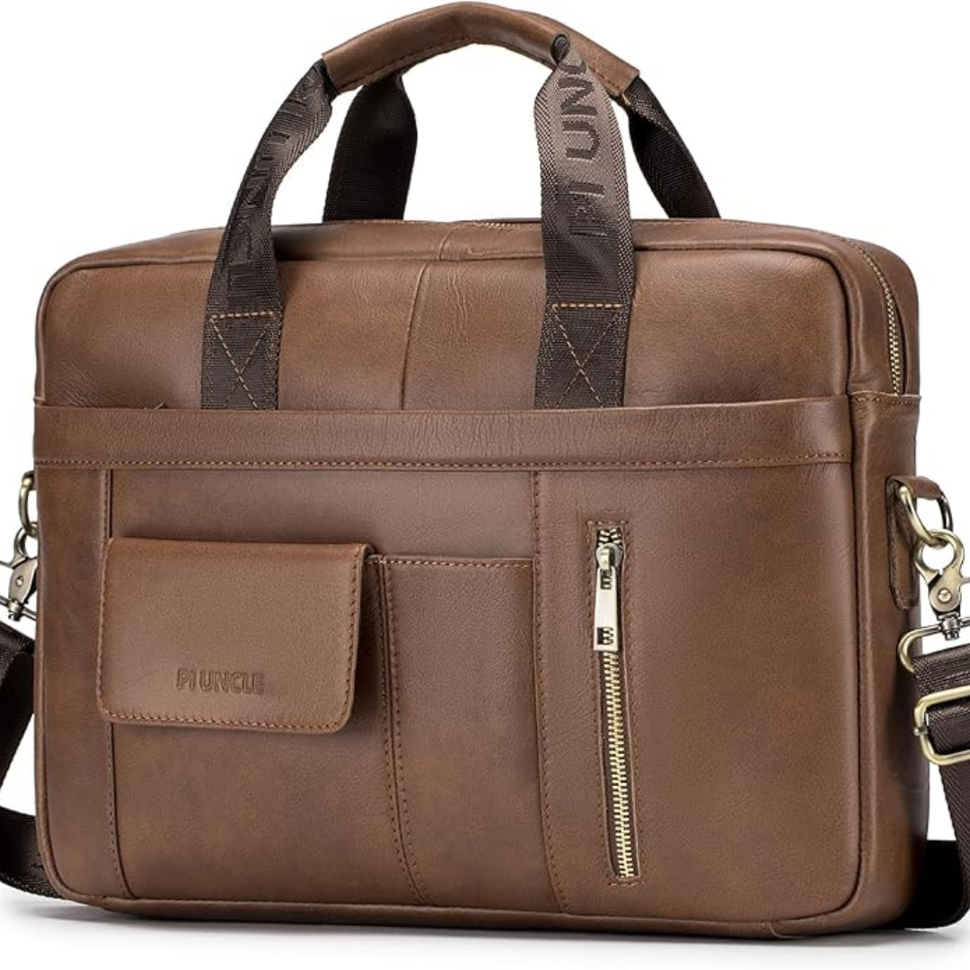 Leather Laptop Briefcase for Men  15.6" Business Work Bag with Shoulder Strap
