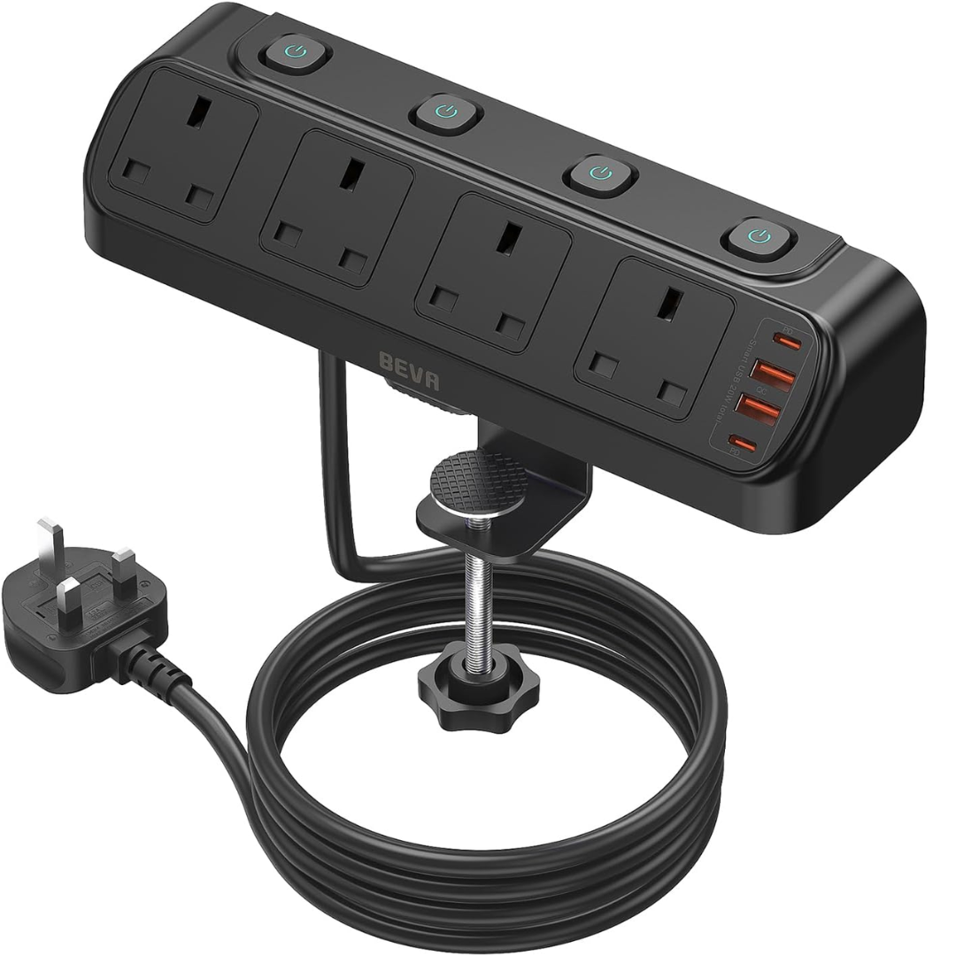 BEVA Desk Extension Lead 4 Way - PD20W USB Power Strip with Clamp Mount (1.8M)