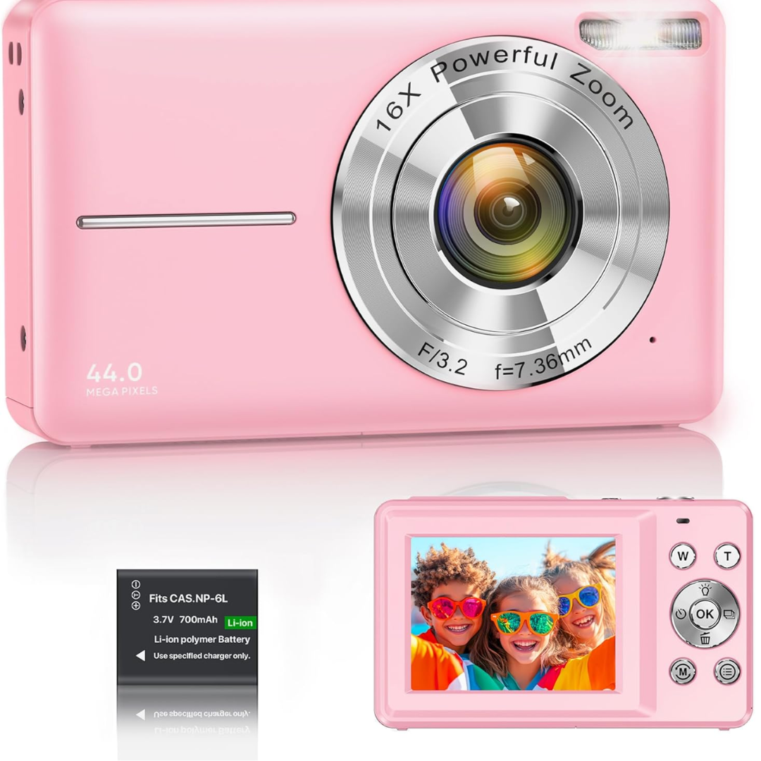 44MP Kids Digital Camera 1080P – Compact Vlogging Camera with 16X Zoom & 2.4" Screen (Pink)