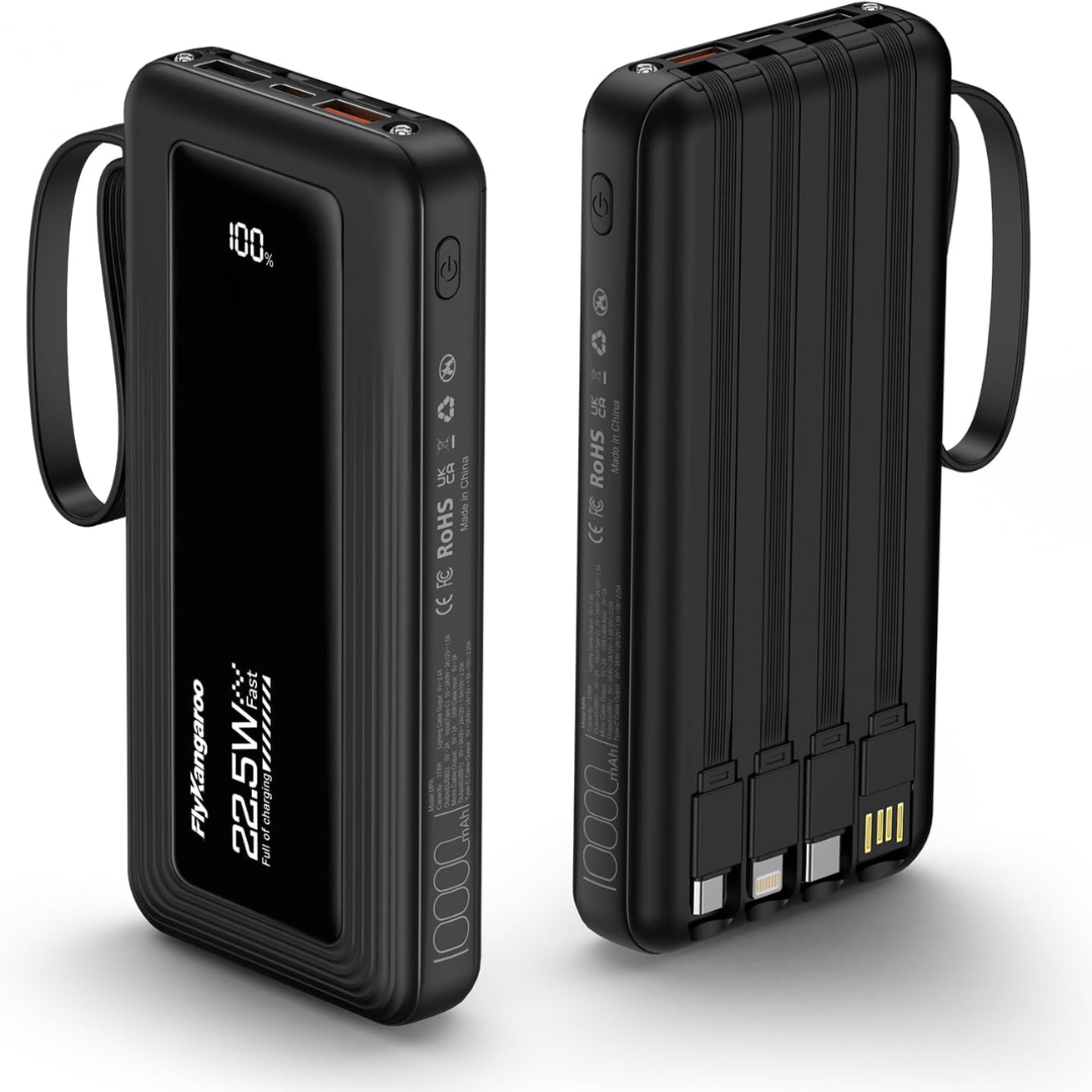 10000mAh Fast Charging Power Bank with Built-In Cables & LED Display | Portable USB-C Battery Pack for iPhone & Android