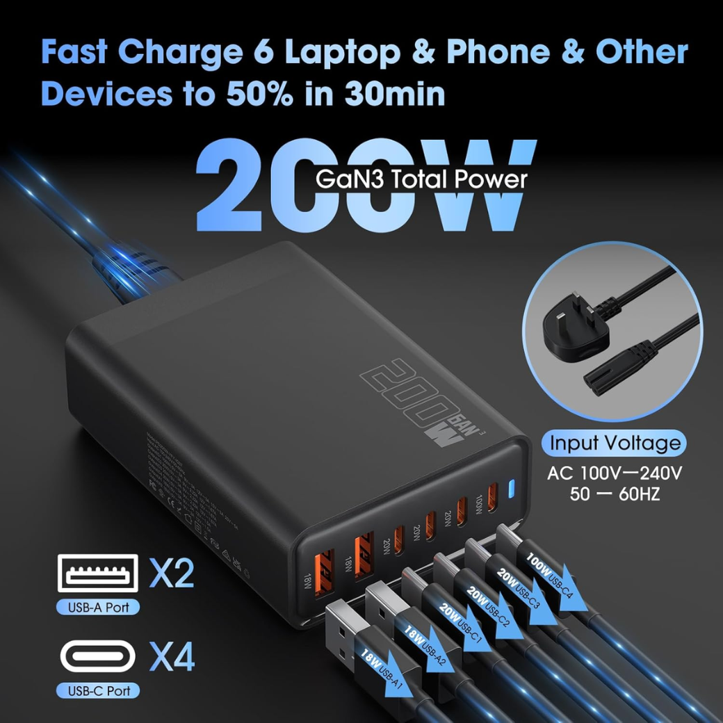 200W 6-Port USB Charging Station