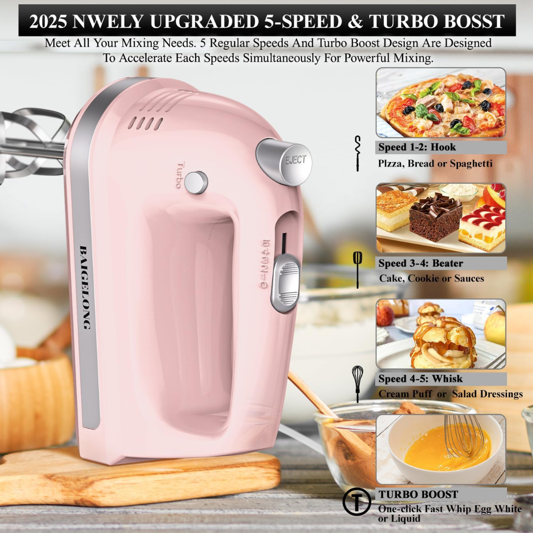 BAIGELONG 300W Hand Electric Mixer, 5-Speed + Turbo Boost Handheld Kitchen Mixer with Stainless Steel Attachments for Baking & Cooking, Pink