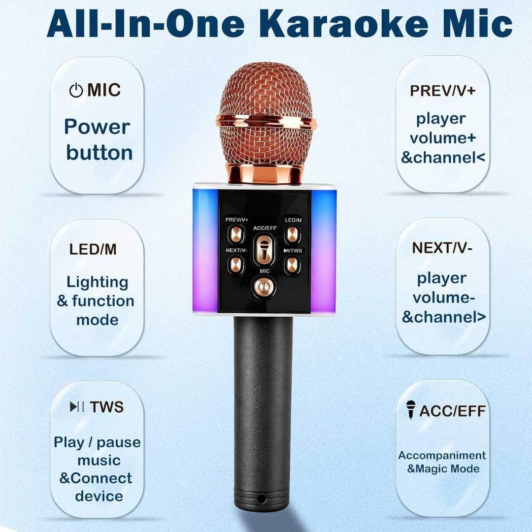 Wireless Bluetooth Karaoke Microphone with LED Lights – 2-in-1 Speaker Mic (Rose Gold)