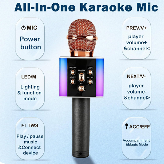 Wireless Bluetooth Karaoke Microphone with LED Lights – 2-in-1 Speaker Mic (Rose Gold)