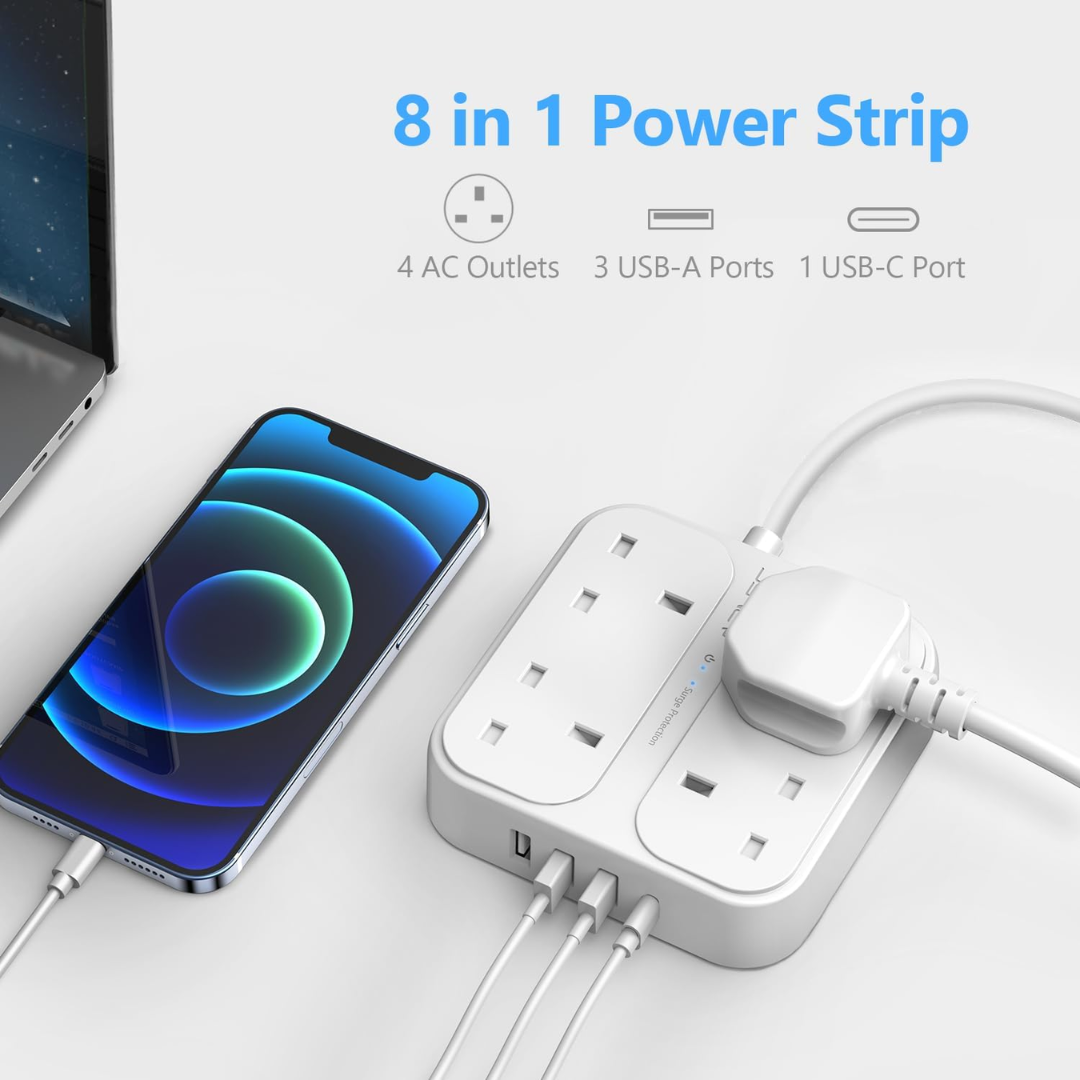 JSVER Extension Lead with USB  4 Way Surge Protector Power Strip with USB-C & 3 USB Ports