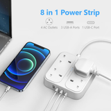 JSVER Extension Lead with USB  4 Way Surge Protector Power Strip with USB-C & 3 USB Ports