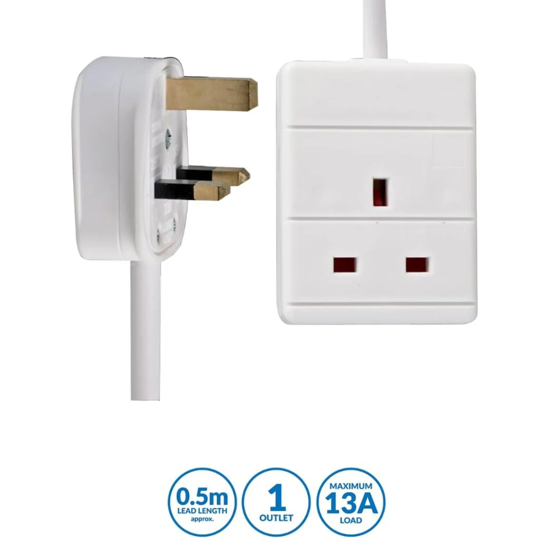 1 Gang Extension Lead 0.5M | White Power Cable | Compact Electric Extension Cord