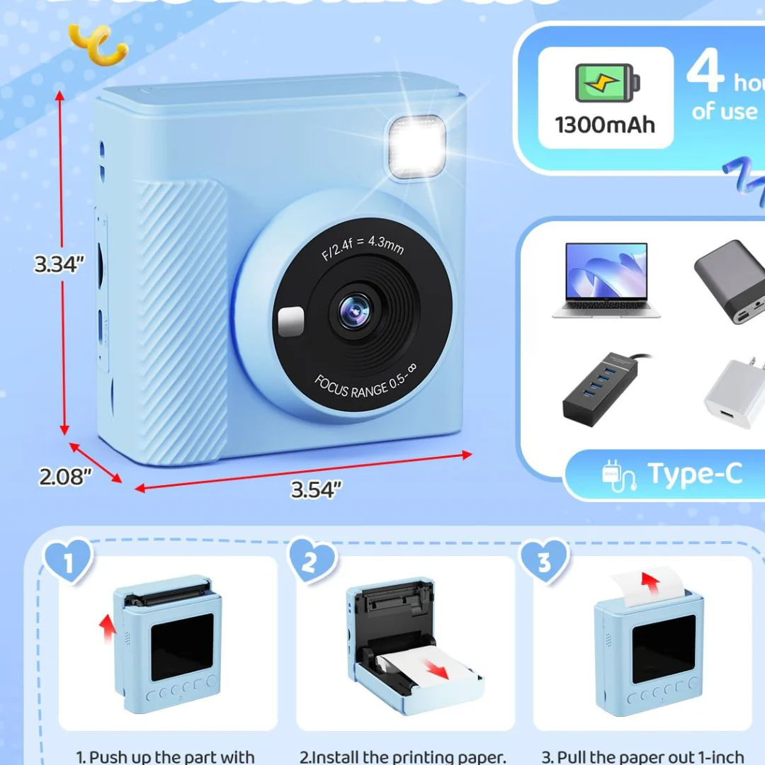 TIATUA Kids Instant Print Camera 1080P with 32GB Card – Blue (Ages 3–12)