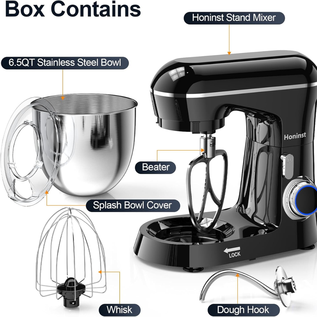 Honinst 1400W Stand Mixer, 6.5L 10-Speed Tilt-Head Electric Cake Mixer, 3-in-1 Kitchen Mixer with Bowl, Dough Hook, Whisk & Beater for Baking & Home Use, Black