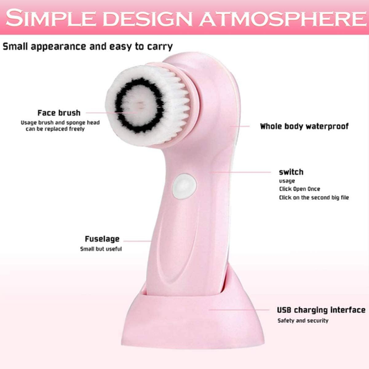 Electric Facial Cleansing Brush with 3 Brush Heads, Waterproof Face Spin Cleanser, Pink