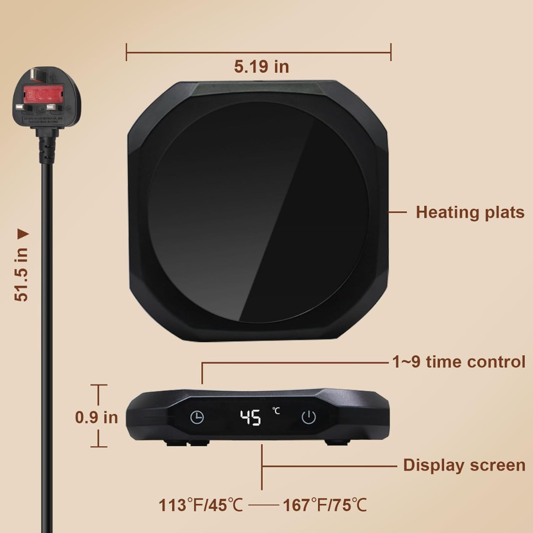 MQUPIN Mug Warmer for Desk – 3 Temp Settings (55°C/65°C/75°C), Auto Shut-Off 1–12H, Coffee Tea & Milk Warmer for Office & Home Use