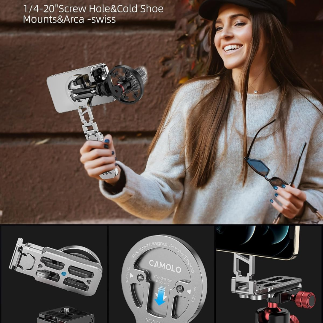 Magnetic Pocket Phone Tripod | Foldable Smartphone Holder Stand with Arca-Swiss & Cold Shoe Mount for iPhone 17/16/15/14/13/12 – Video, Vlog & Travel
