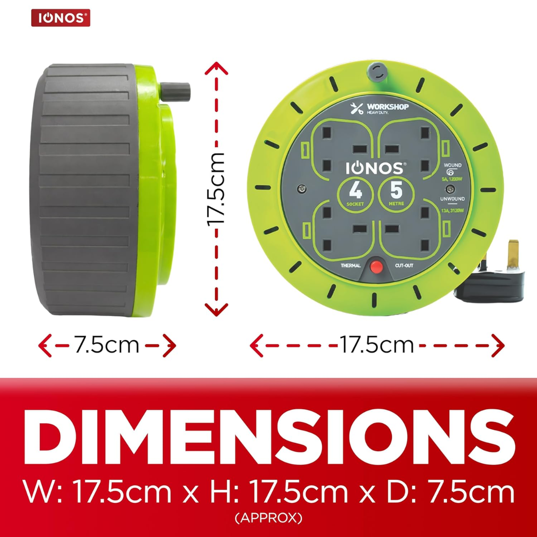 IONOS 4 Socket Cable Reel 5m | Heavy Duty 13A Extension Lead with Thermal Cut-Out
