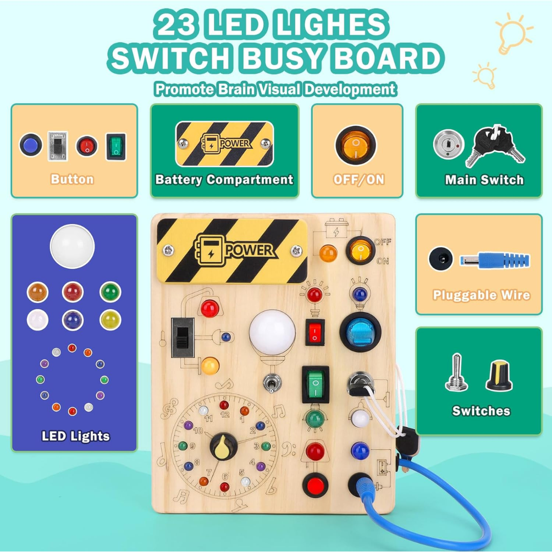 Montessori Busy Board for Toddlers – Wooden Activity Sensory Toy with 10 Switches & 23 LED Lights (Ages 1–4)