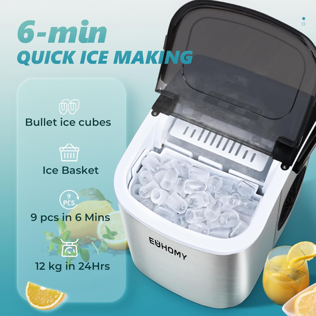 EUHOMY Countertop Ice Maker Machine, Portable 12kg/24H Ice Cube Maker with Handle, Self-Cleaning, 9 Cubes in 6 Mins for Home, Kitchen, Office & Bar