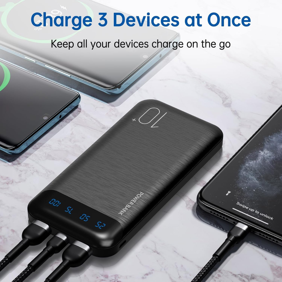 10000mAh Slim Power Bank with USB-C Input & Output | Fast Charging Portable Charger with LED Display for iPhone, Samsung & Tablets