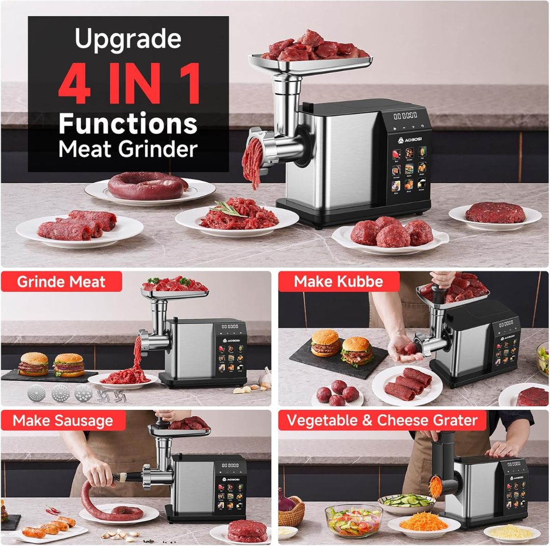 AAOBOSI 3000W Max Electric Meat Grinder, 9-Speed & 9 Preset Modes, Non-Clogging System with Sausage, Kubbe Maker & Grater Kit for Home Kitchen Use
