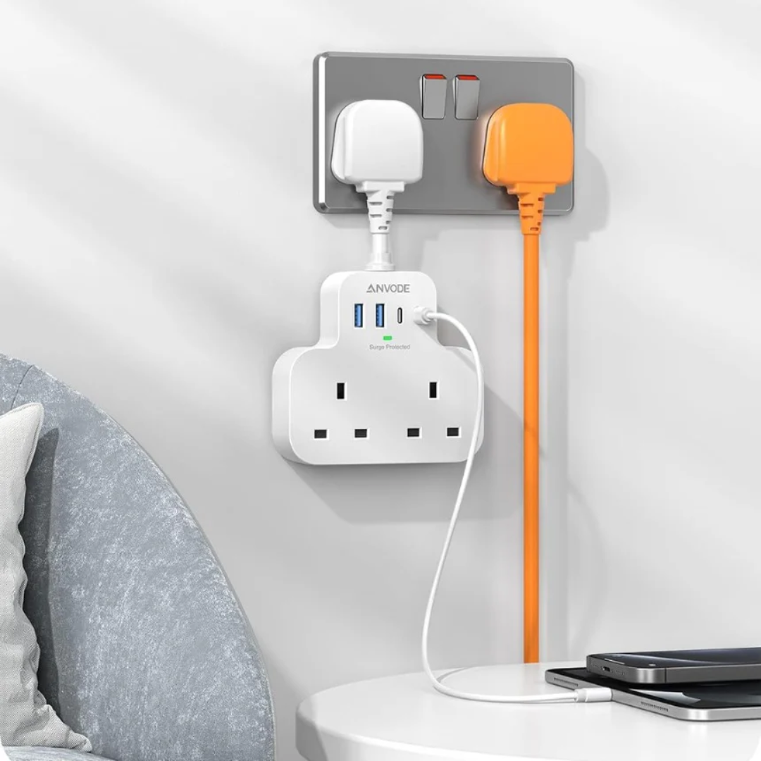 Multi Plug Extension Socket with 4 USB Ports, ANVODE 2 Way Plug Adaptor with Flexible Cable, Short Extension Lead Double Adapter Plug UK for Bedroom, Office..