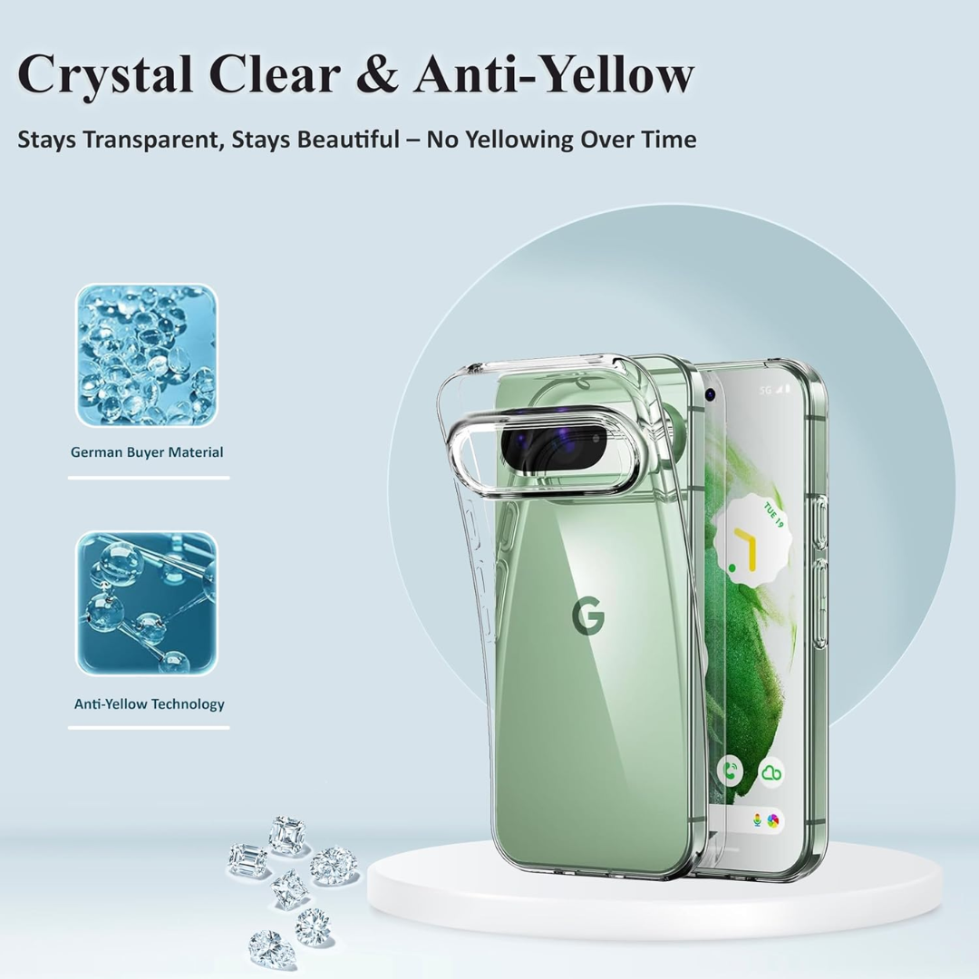 Tentoki Clear Case for Google Pixel 9/9 Pro, 3in1 with 1 Phone Case +2 Screen Protector Tempered Glass,TPU Ultra-Slim Shockproof Protective Case Cover, Prevents Yellowing Film, Transparent