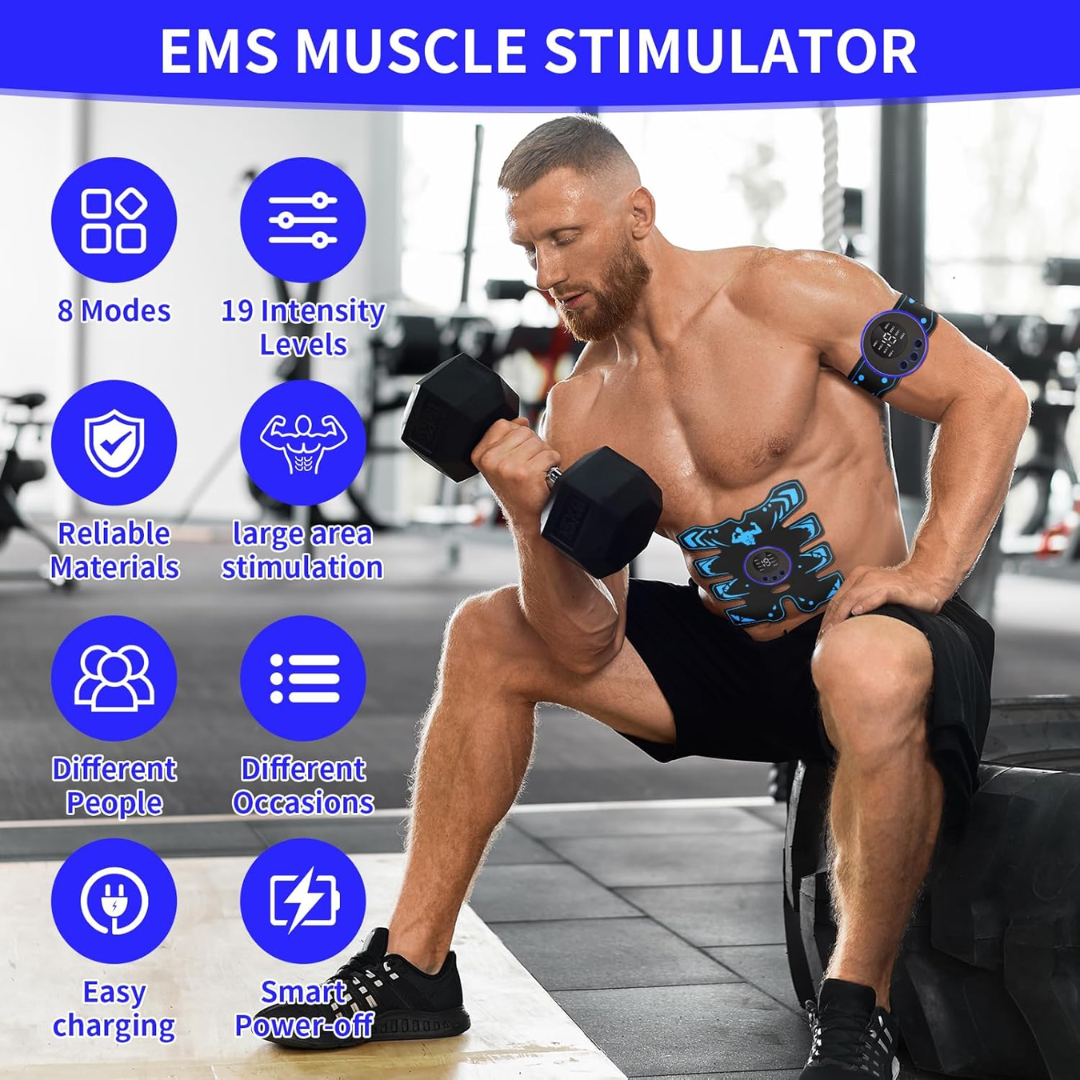 EMS ABS Muscle Stimulator – Abdominal Trainer for Waist, Arms & Legs with 8 Modes & 19 Intensities