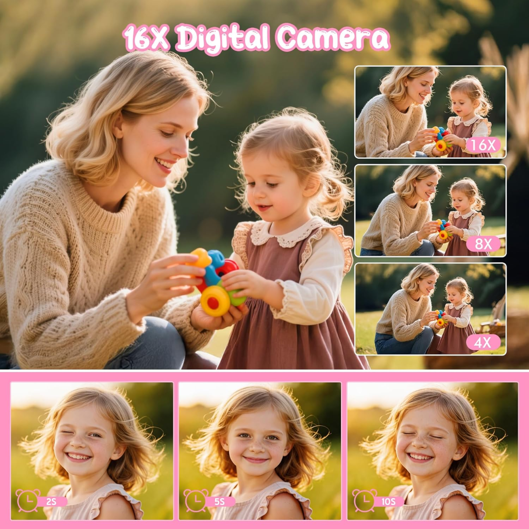 44MP Kids Digital Camera 1080P – Compact Vlogging Camera with 16X Zoom & 2.4" Screen (Pink)
