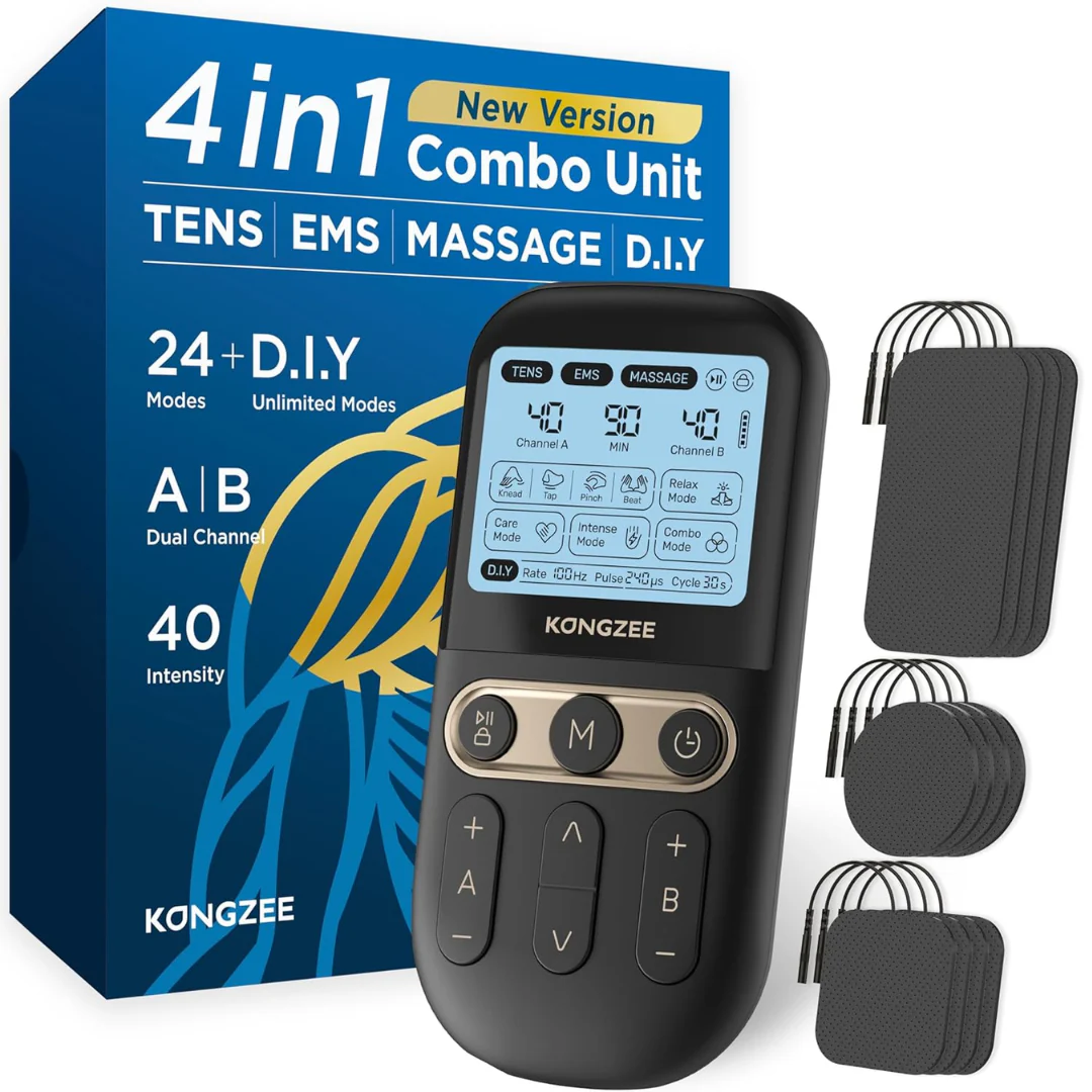 4-in-1 TENS & EMS Muscle Stimulator – Dual Channel Pain Relief Massager with 12 Electrode Pads (Rechargeable)