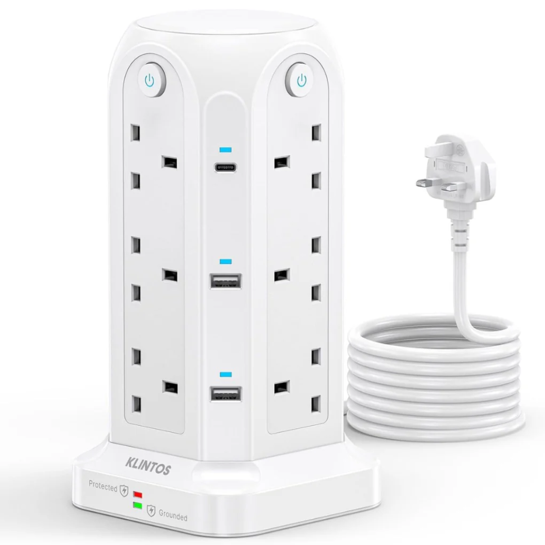 Tower Extension Lead with USB Slots【2 USB C & 4 USB A】, 1400J Surge Protected Extension Lead with Individual Switches