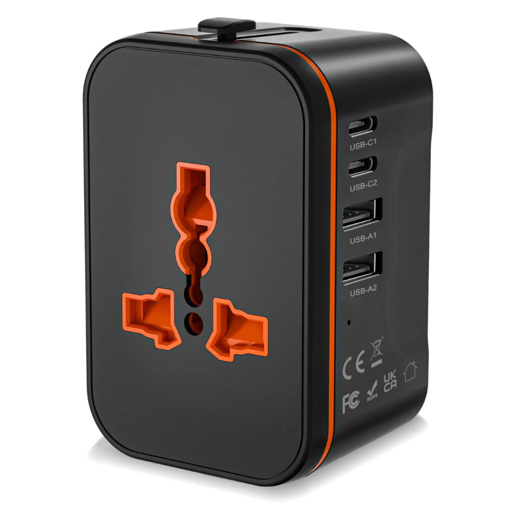 Universal Travel Adapter, All-in-One International Power Plug with Multi-Country Compatibility & USB Charging Ports