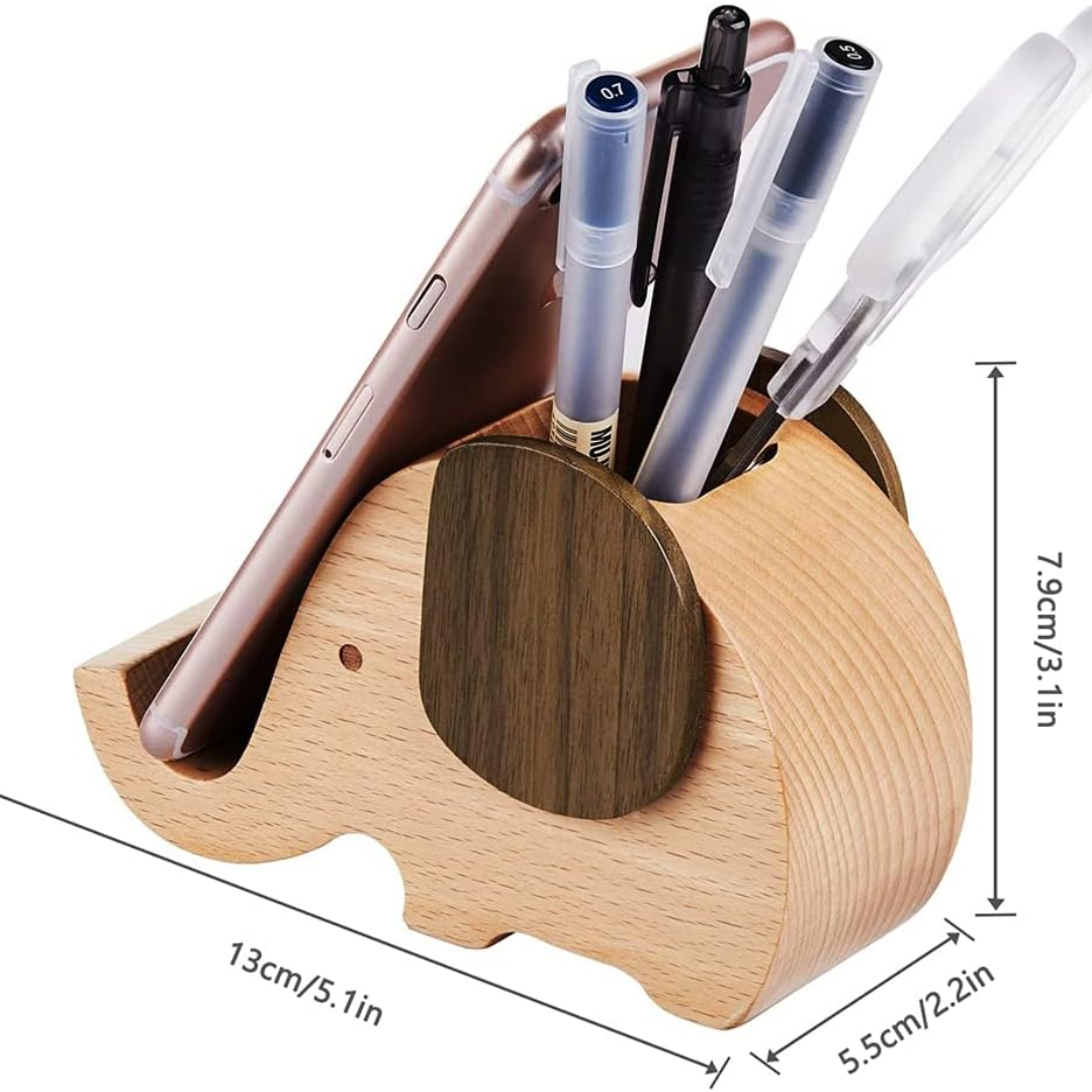 Elephant Pen Holder Phone Stand with Pencil Holder, Wooden Desk Organizer for Pens, Pencils, Office Supplies & Cute Workspace Decor