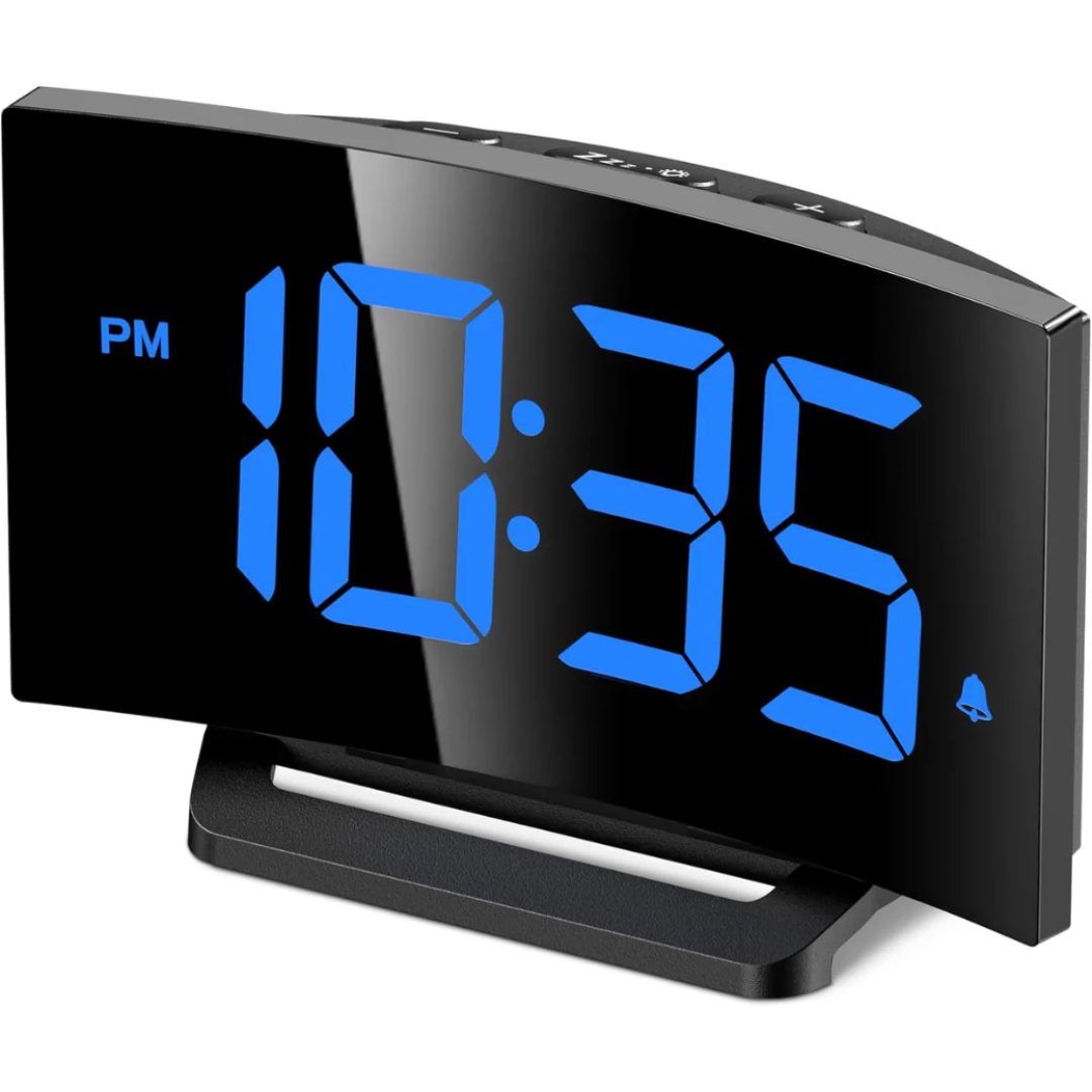 Digital Alarm Clock for Bedrooms with Modern Curved Design, LED Display, Snooze Function and Adjustable Brightness
