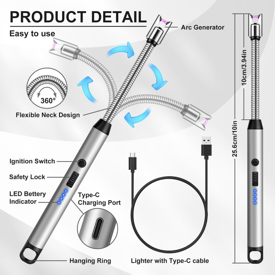 2 Pack Rechargeable USB-C Electric Candle & BBQ Lighter, Long Reach Bendable Flameless Windproof Arc Lighter for Home & BBQ Use
