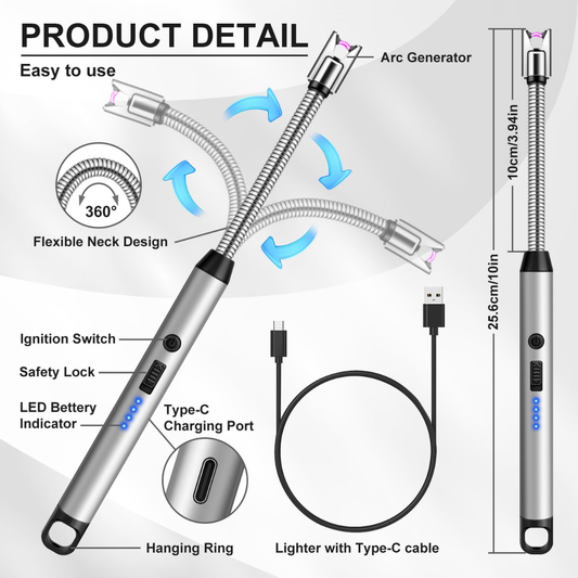 2 Pack Rechargeable USB-C Electric Candle & BBQ Lighter, Long Reach Bendable Flameless Windproof Arc Lighter for Home & BBQ Use