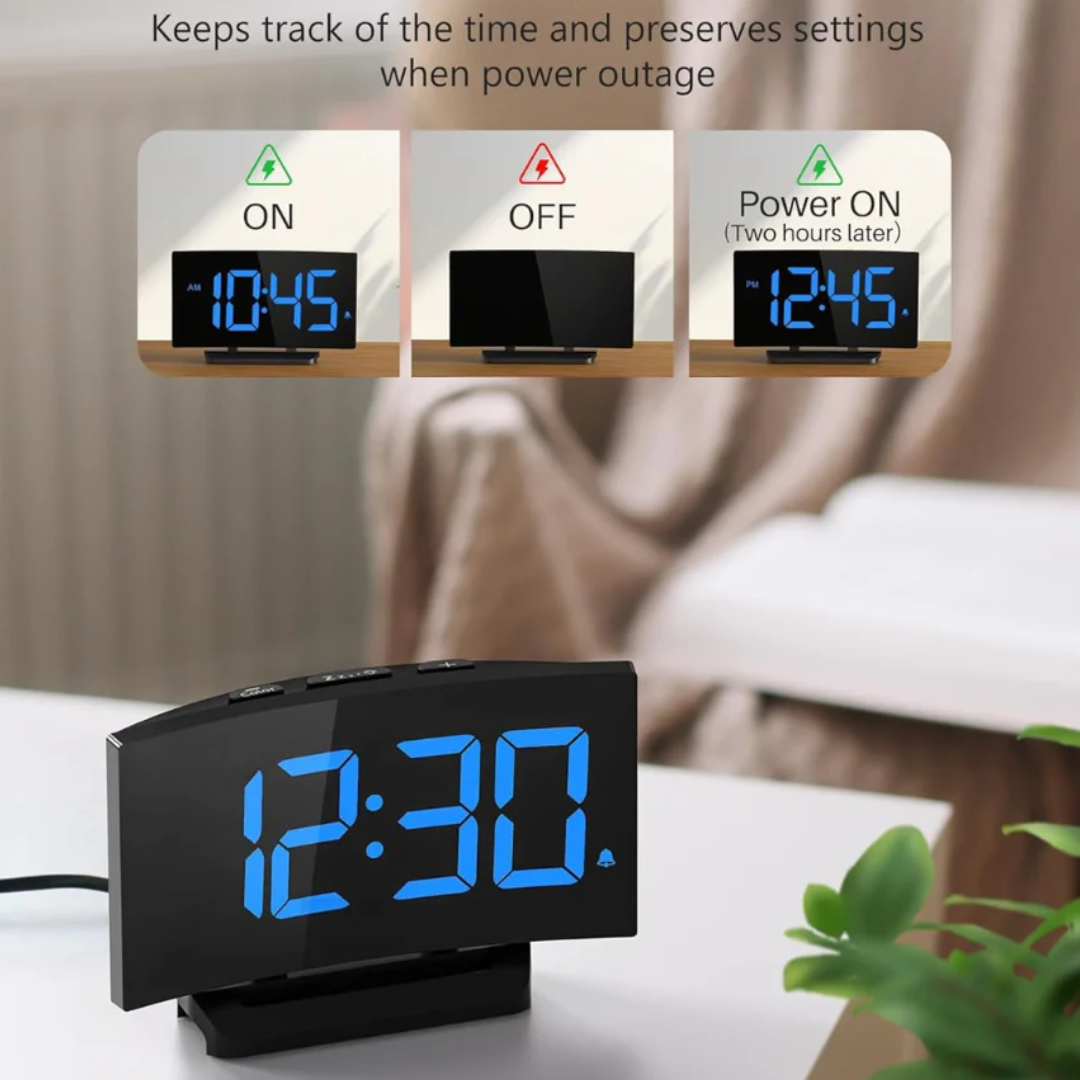 Digital Alarm Clock for Bedrooms with Modern Curved Design, LED Display, Snooze Function and Adjustable Brightness