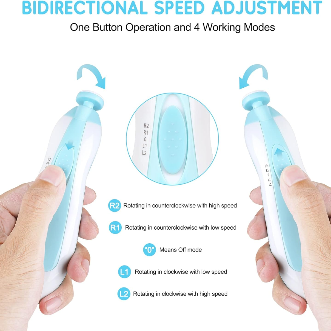 Qunlions Life 8-in-1 Baby Electric Nail File – Safe Baby Nail Trimmer Kit with 6 Grinding Heads & LED Light (Blue)