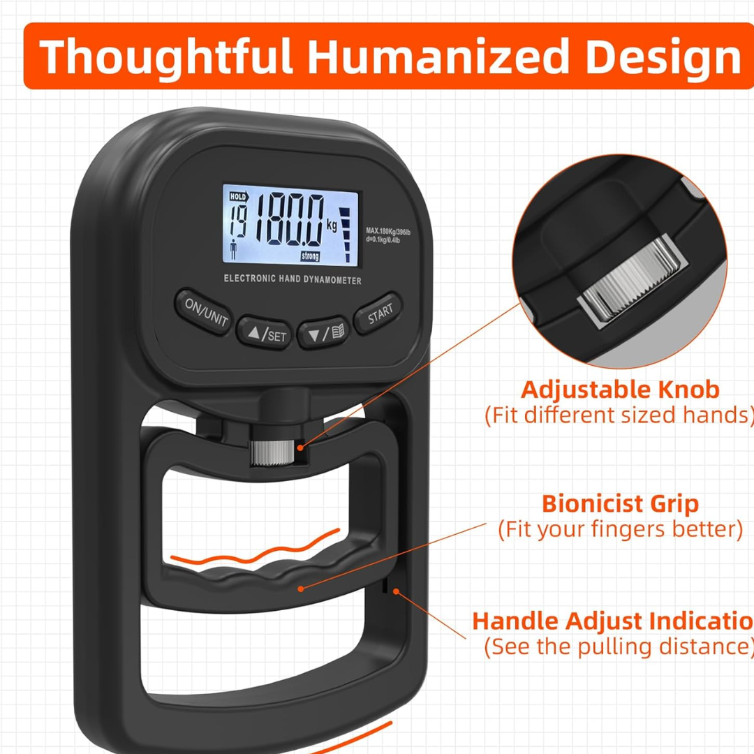 396lbs/180kg Digital Grip Strength Trainer – Rechargeable Hand Dynamometer with LCD Display, Adjustable Grip Strength Tester