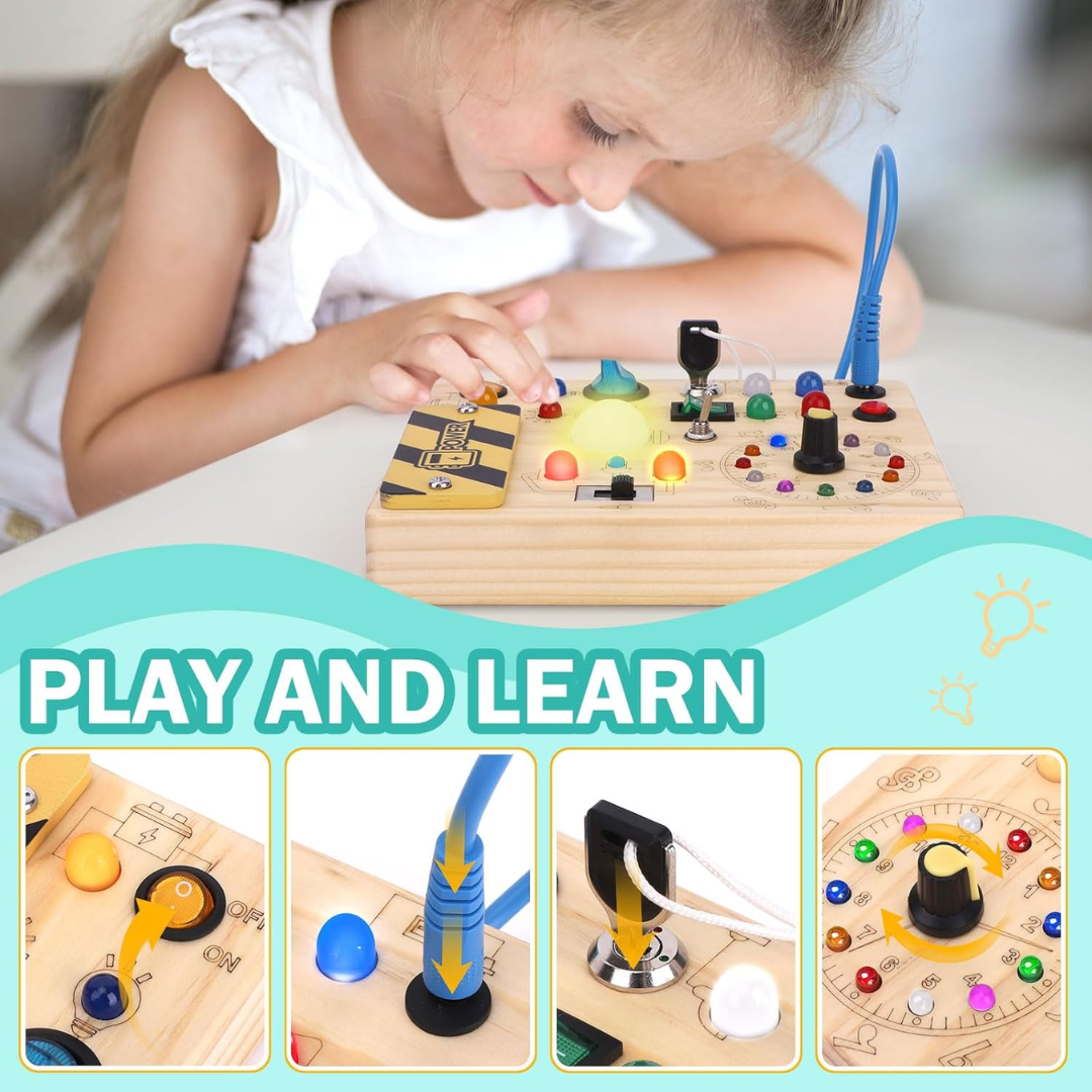 Montessori Busy Board for Toddlers – Wooden Activity Sensory Toy with 10 Switches & 23 LED Lights (Ages 1–4)