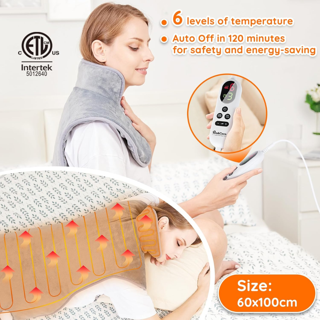 Mia&Coco Electric Heating Pad for Back, Neck & Shoulders – Fast Heat Therapy Wrap with 6 Heat Levels & Timer (60×100cm)