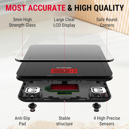 ACCUWEIGHT 201 Digital Kitchen Scale, 5kg/11lb, Glass Platform, Backlit LCD, Food & Baking Scale (Batteries Included)