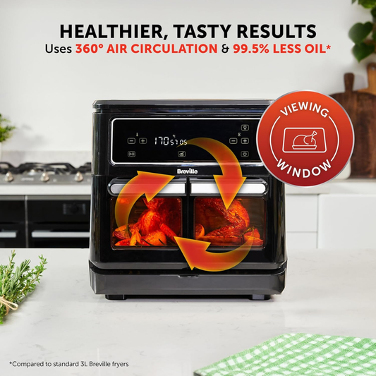 Breville Halo Flexi 11L Dual Air Fryer Oven VDF130, 2400W Digital Air Fryer, Fry Bake Grill Roast & Reheat, Serves 10+ People, Black