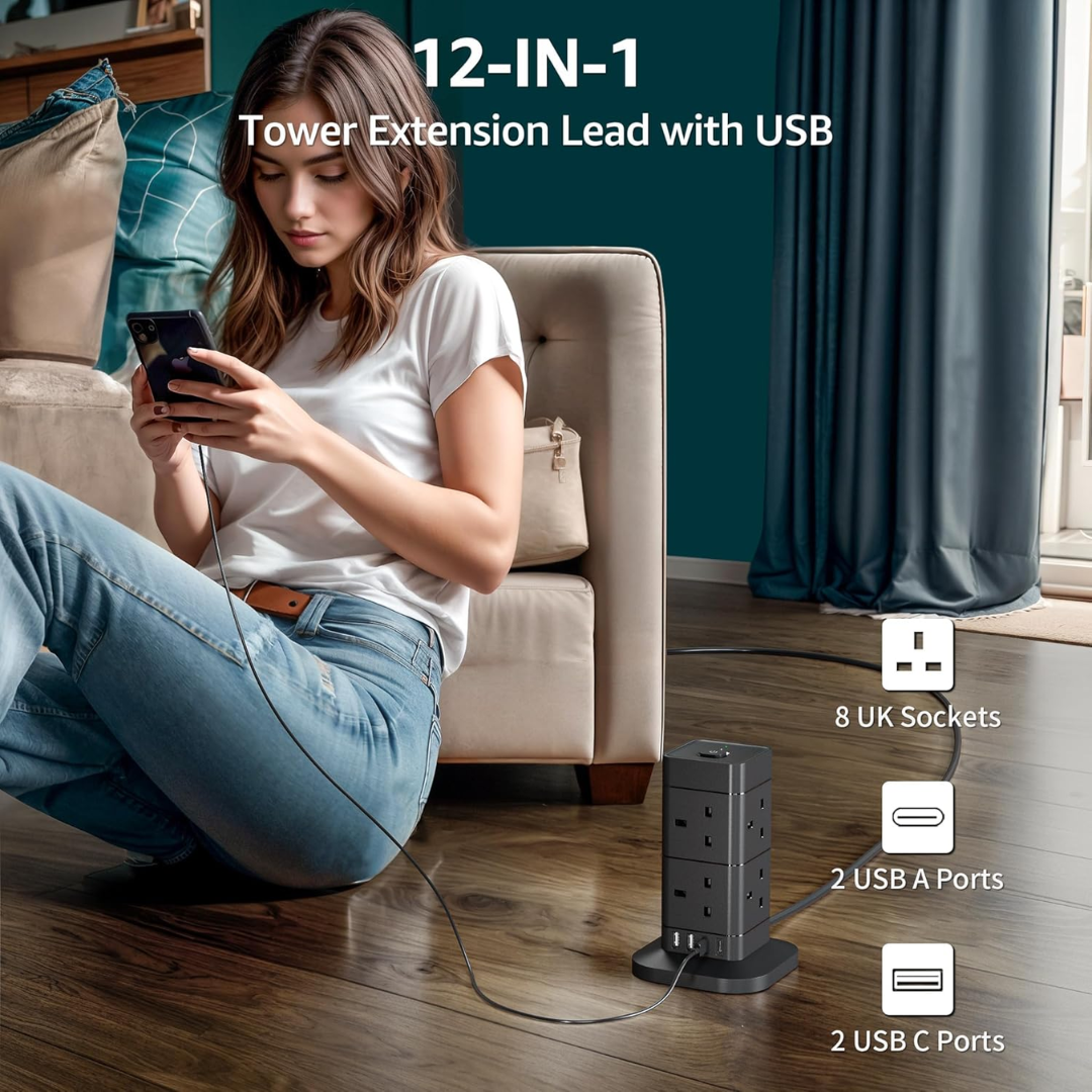 Hotimy Tower Extension Lead-8 Way Surge Protector with USB & Type-C Ports (3M)
