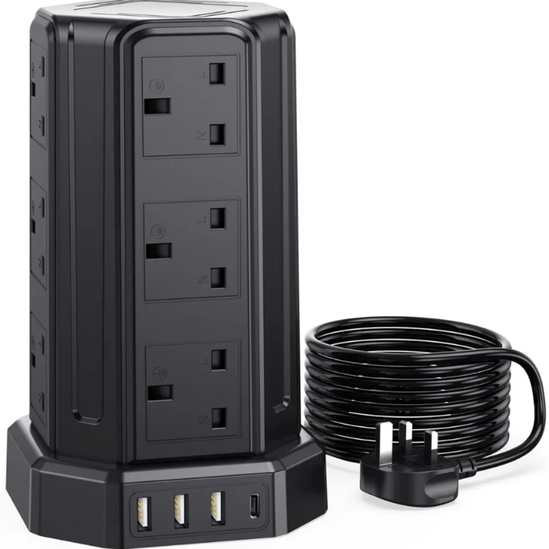 Extension Lead 5M, [13A 3250W] 12 Way Tower Extension Lead Multi Plug Extension Sockets with 4 USB Slots