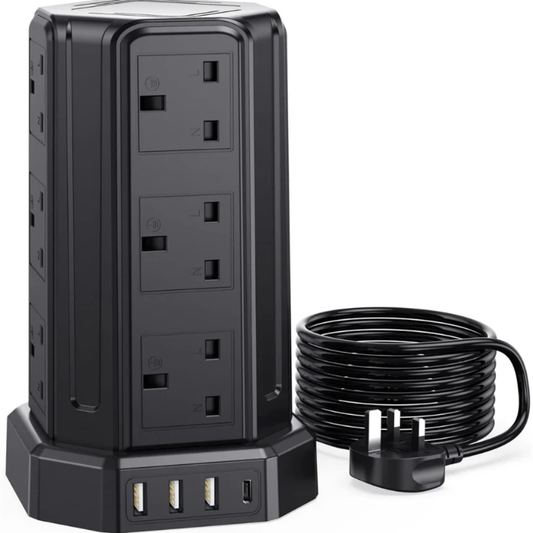 Extension Lead 5M, [13A 3250W] 12 Way Tower Extension Lead Multi Plug Extension Sockets with 4 USB Slots