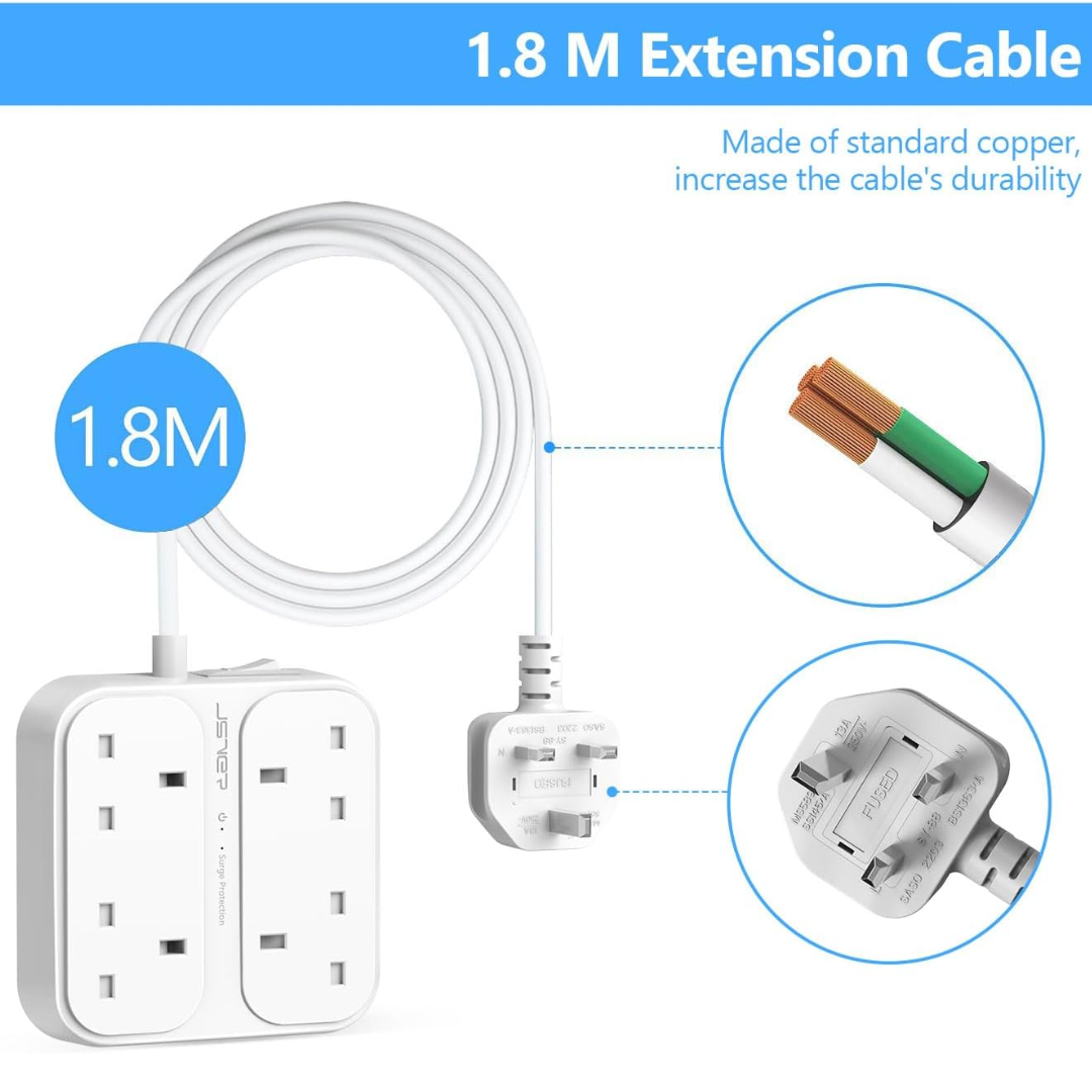 JSVER Extension Lead with USB  4 Way Surge Protector Power Strip with USB-C & 3 USB Ports