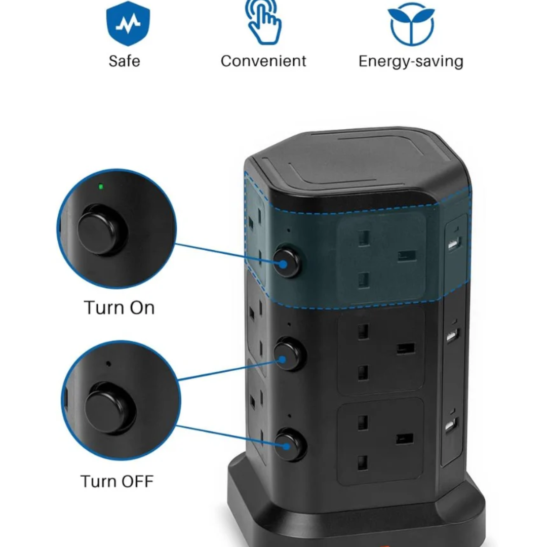 Tower Extension Lead by KOOSLA, [13A 3250W] Surge Protector - 12 AC Outlets & 6 USB Ports Multi Plug Socket Power Strip with Heavy